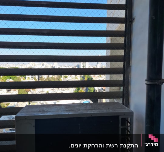 רשת למניעת כניסת יונים על חלון עם נוף עירוני